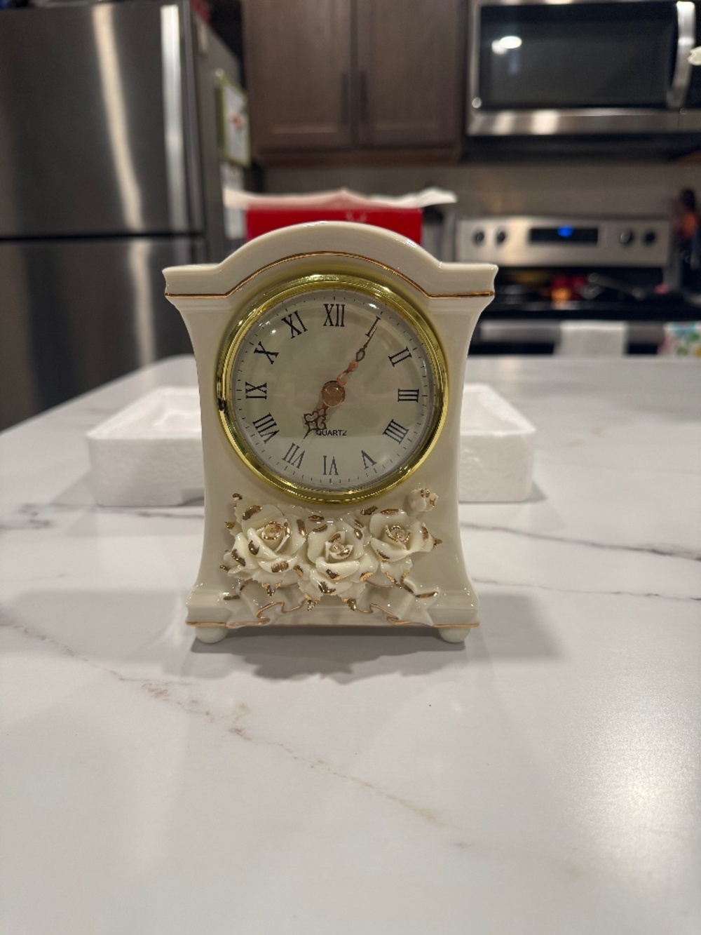 Vintage Avon Winter Rose Mantle Clock Ivory Porcelain W/Raised Roses/New In Box